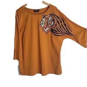 Bob Mackie Size XL Mustard Tiger Embroidered Sequins Dolman Sleeve Tee Top